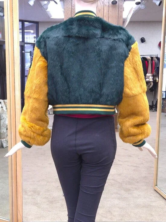 Green and Gold Rabbit Fur 24″ Short Bomber Jacket - Picture 4 of 4